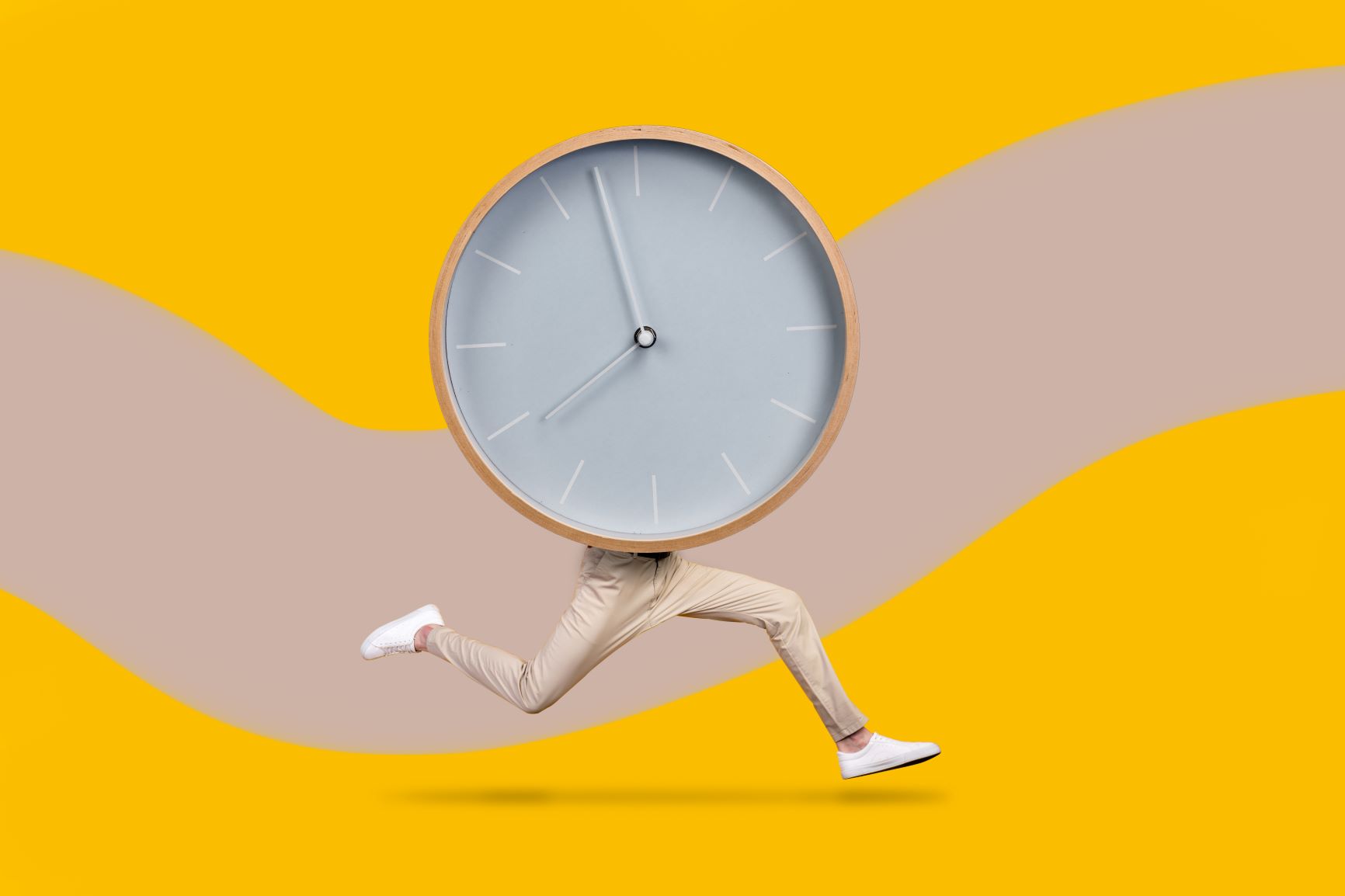 A picture of a clock, with 2 legs underneath the clock running. or Time is running