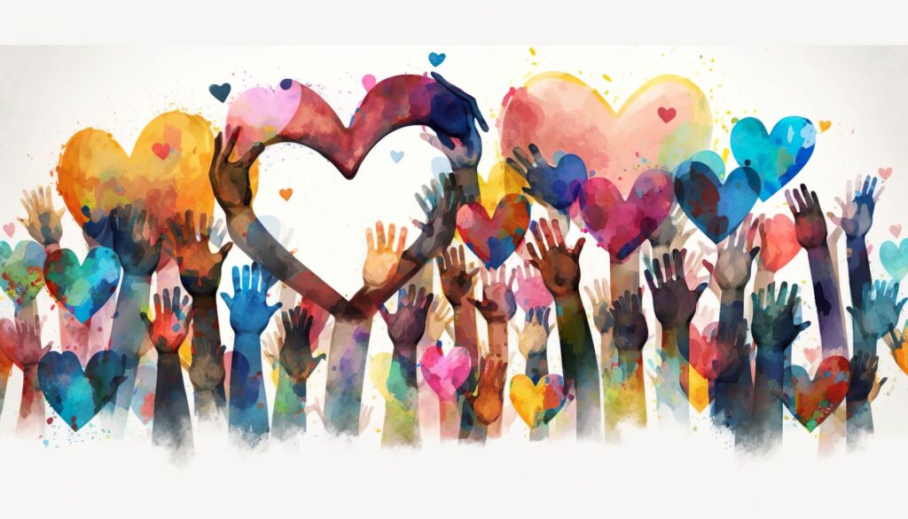 drawing of hearts and people putting their hands up