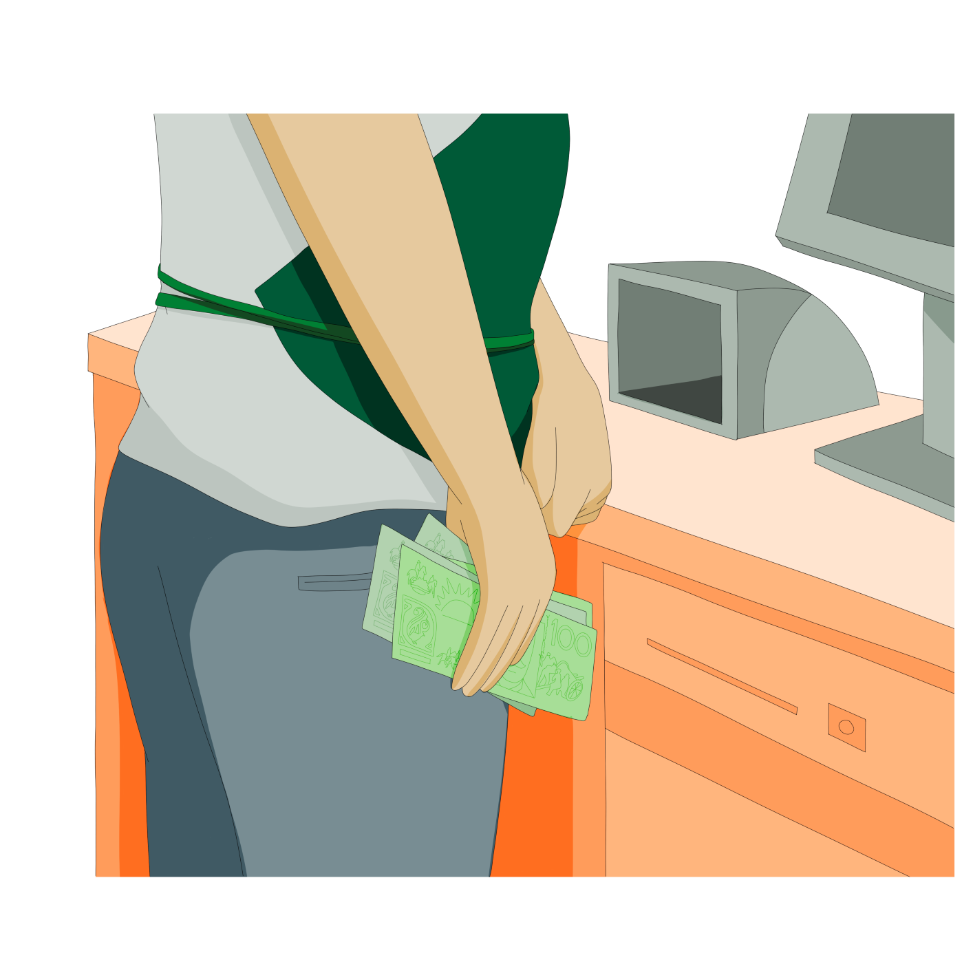 drawing of an employee putting cash in his pocket