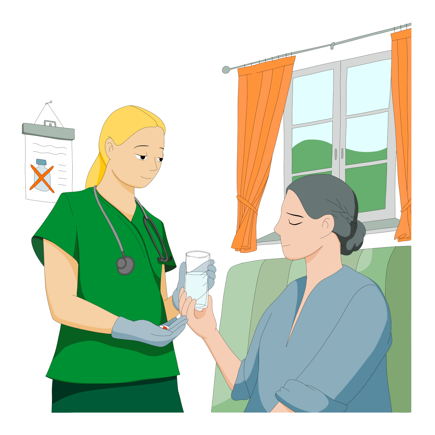 drawing of a medical worker give medicine to a patient