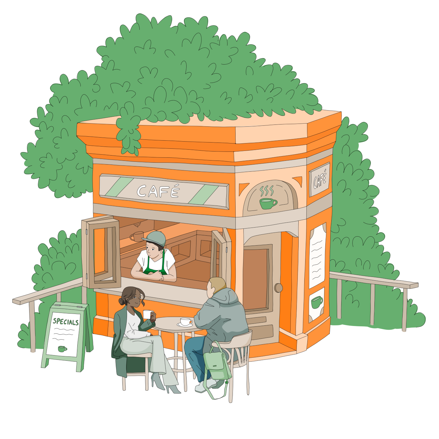 drawing of a cafe shop with customers