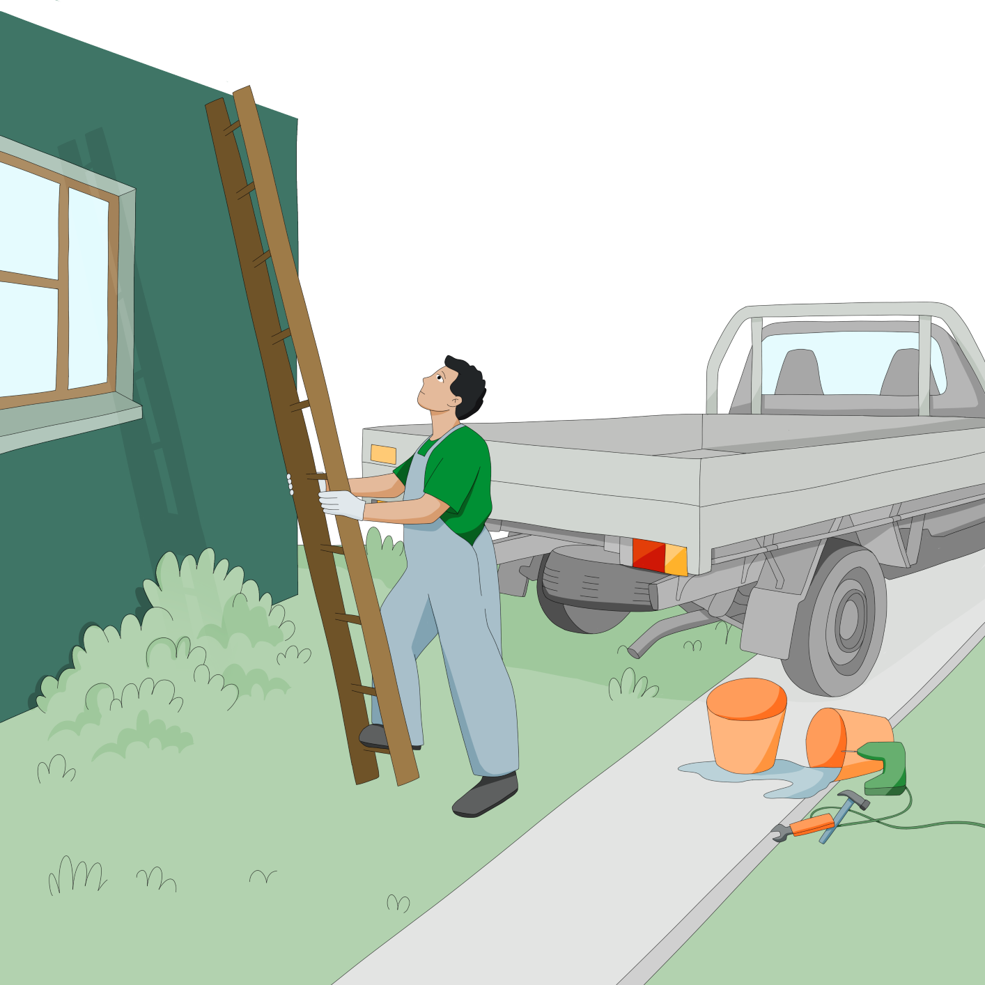 drawing of a working with a ladder about to put near a house