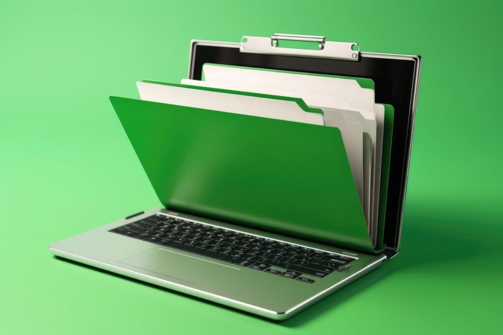 Green Folder with documents incorporated into a laptop