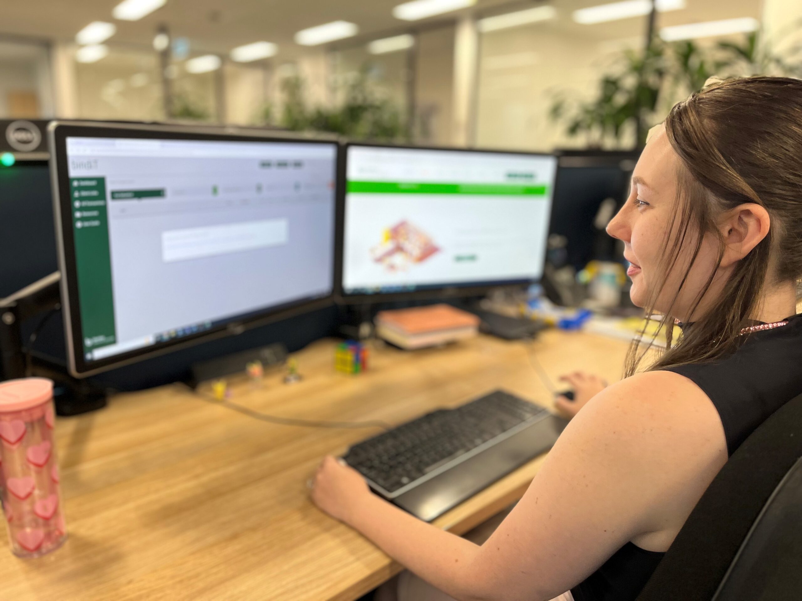 The image shows a person sitting at a desk with two computer monitors. The left monitor displays a webpage with a green sidebar and some text, while the right monitor shows another webpage with what appears to be an image of food and some text. The person is using a keyboard and mouse, and there is a pink water bottle with heart designs on the desk. There are also some small objects, possibly toys or decorations, on the desk near the monitors.