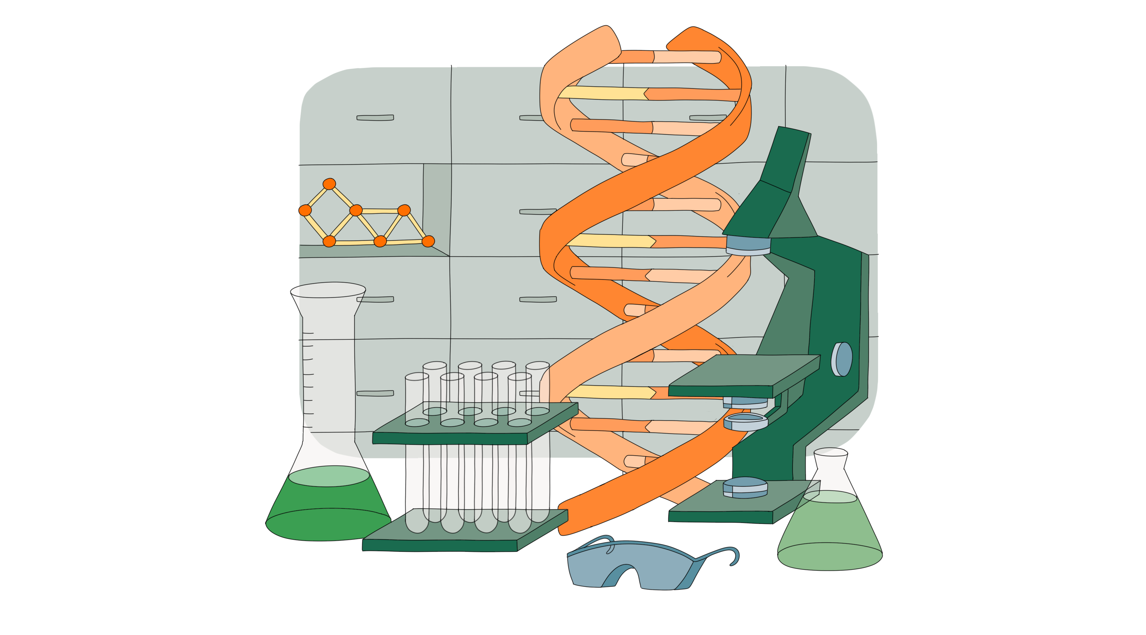 Life Sciences Liability Insurance The image depicts a life science laboratory setup. The central focus is a large DNA double helix model, symbolizing genetic research. Surrounding the DNA model are various laboratory equipment, including a microscope, test tubes in a rack, beakers with green liquid, and safety goggles. In the background, there is a molecular structure diagram on the wall.