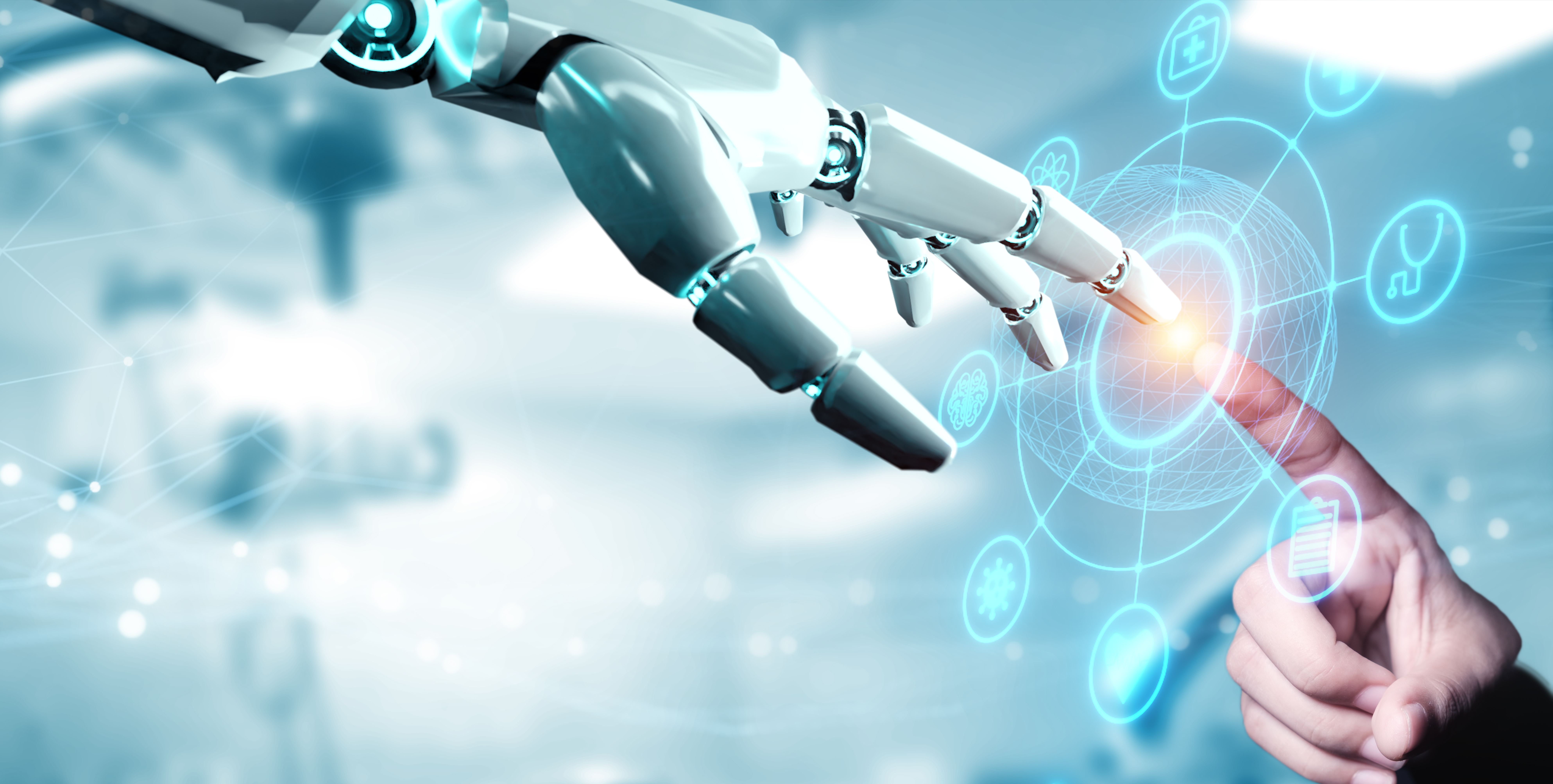 Robot hand ai artificial intelligence assistance for medical healthcare practices operation surgical performance, unity with human and ai concept, with graphical icon display blue banner background