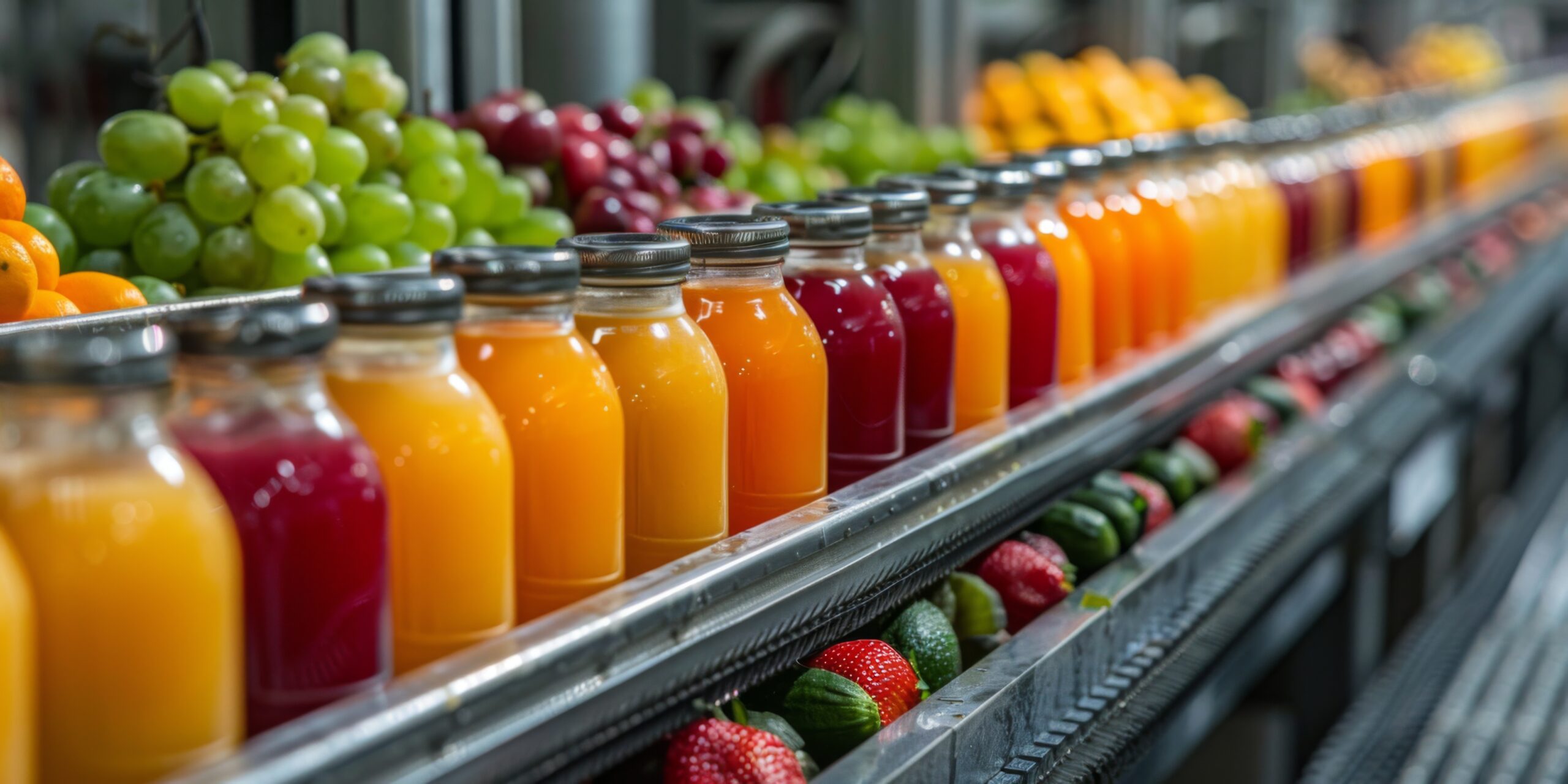 Berry and fruit juices on a conveyor belt. Automatic juice production.