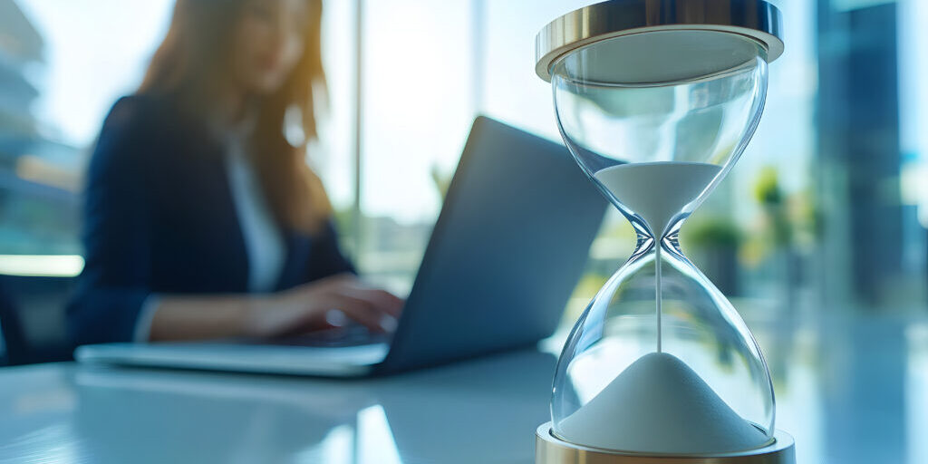 An hourglass stands on a table next to a woman working on a laptop – a concept for a deadline or getting work done quickly
