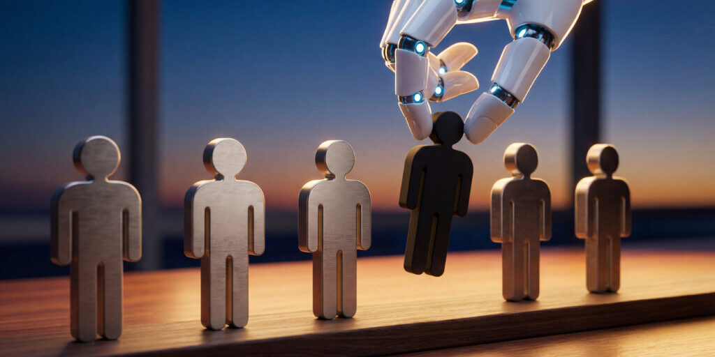 A white robotic hand picking a black human figure from a row of silver metal figures on a wooden surface. This 3D illustration represents artificial intelligence in recruitment, automated talent selection, and the future of work in human resources.
