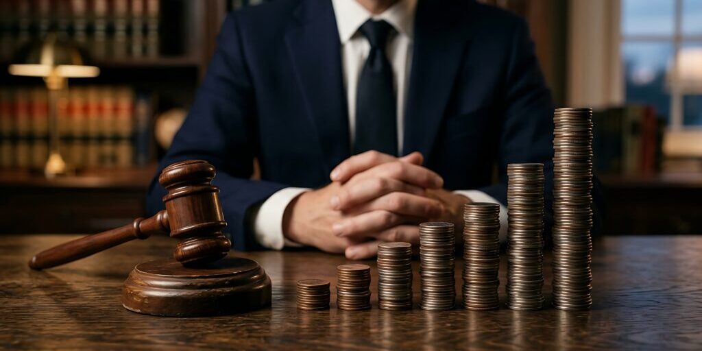 Ascending coin stacks and wooden gavel on desk with male lawyer hands clasped representing financial growth, legal costs, and corporate lawsuit settlements