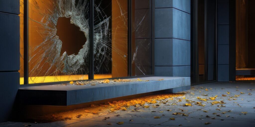 Vandal broken shop window, often used in stock photography to represent vandalism, crime, or commercial damage. Scattered glasses on the pavement, a distinct hole is visible in the center of the pane.