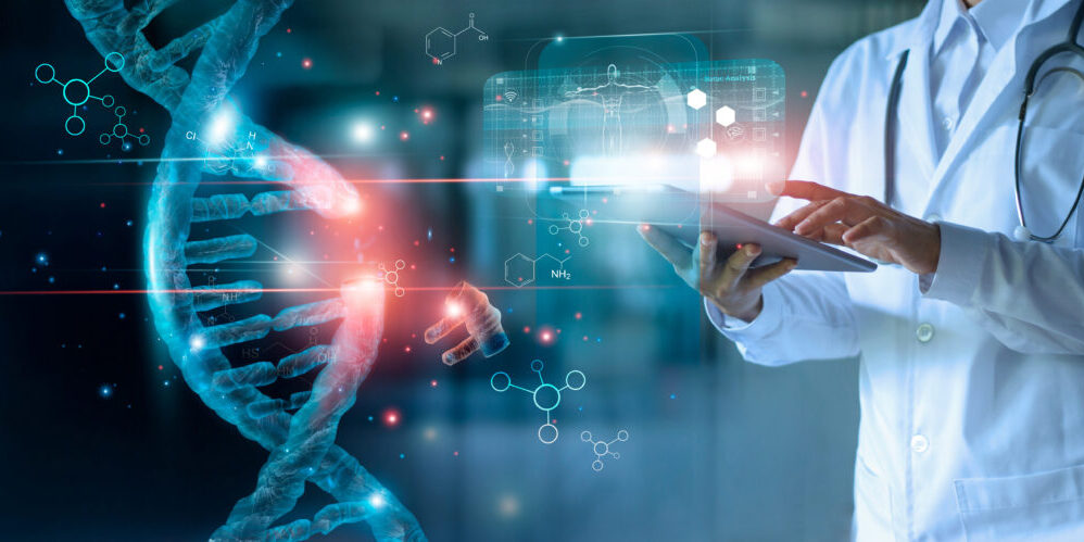 Abstract luminous DNA molecule. Doctor using tablet and check with analysis chromosome DNA genetic of human on virtual interface. Medicine. Medical science and biotechnology.