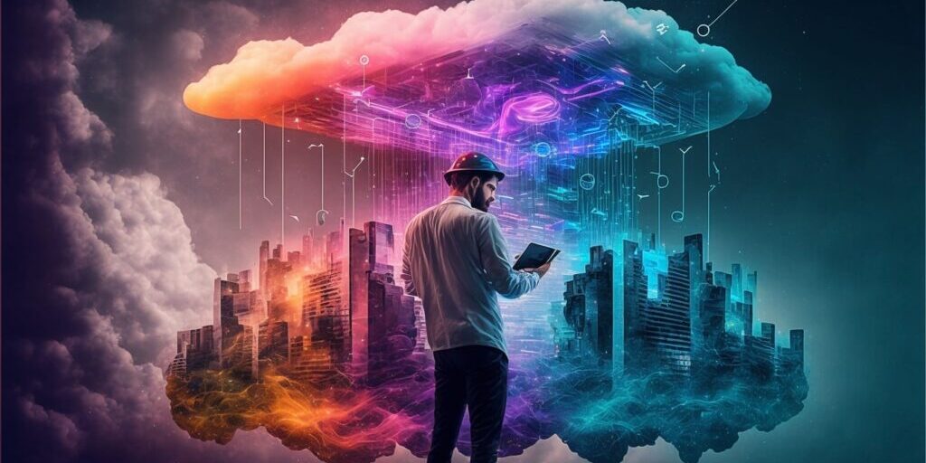 A person in front of a digital cloud, and there are a whole city underneath the cloud