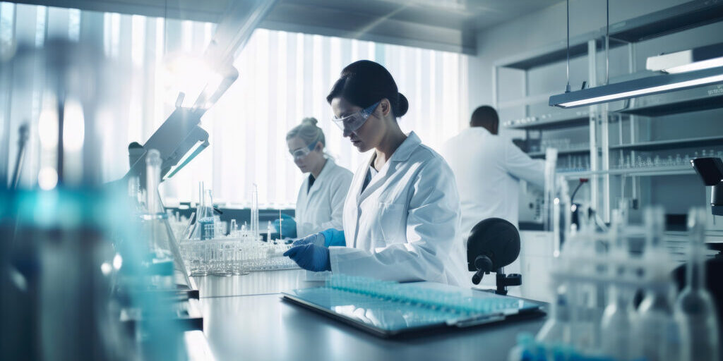 Biotechnology laboratory with scientists in lab coats conducting experiments, working with DNA samples, and advanced equipment, generative ai