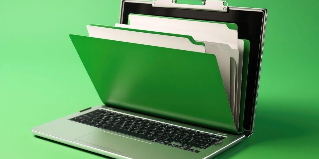 Green Folder with documents incorporated into a laptop