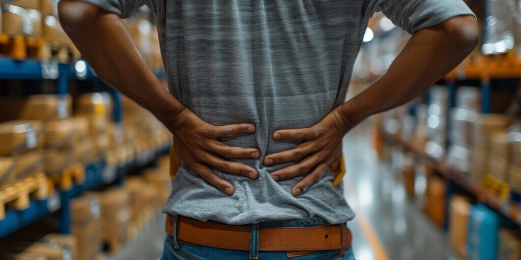 A person stands in a warehouse holding their lower back in pain, implying potential injury