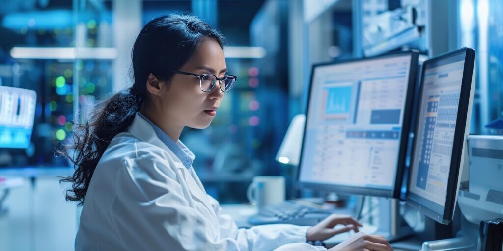 imagine prompt A clinical researcher working with samples and data in a hightech medical research facility