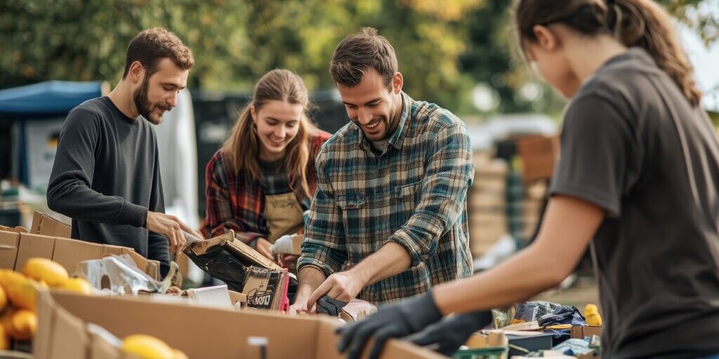 A group of enthusiastic volunteers sorts through boxes of donations at a community food drive. The sun shines down as they collaborate to organize food items, creating an atmosphere of teamwork and generosity.