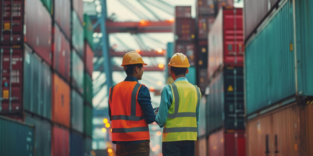 Two industrial operation team member in shipping yard conducting an inspection amidst stacked shipping containers. They are wearing safety vest and helmets, ensuring safety and efficiency in bustli.