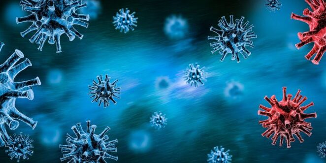 Image of flu COVID-19 virus cell. Coronavirus Covid 19 outbreak influenza background. Pandemic medical health risk concept.